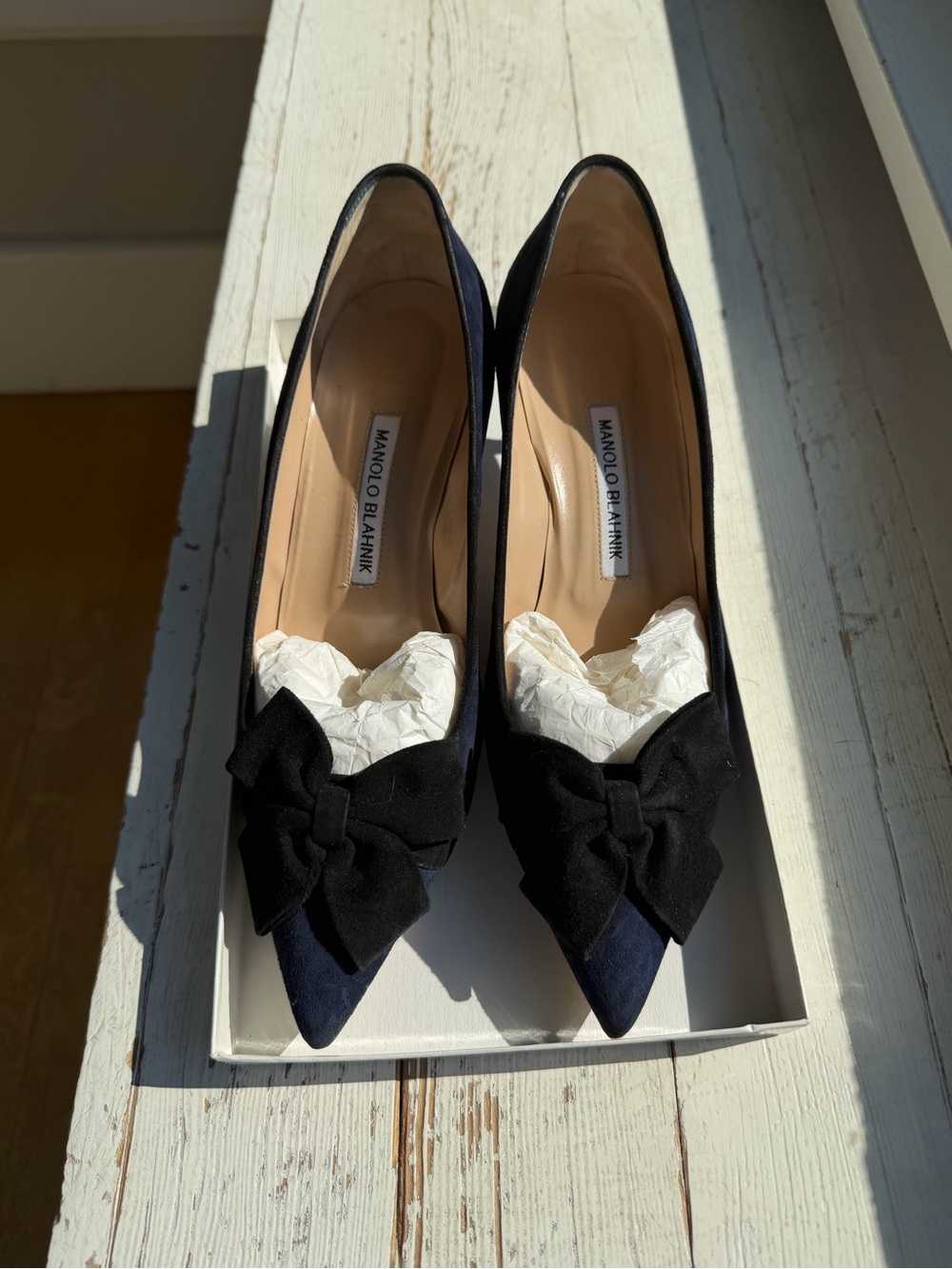 Manolo Blahnik Contina Navy Pointed-Toe Pumps with Black Bow